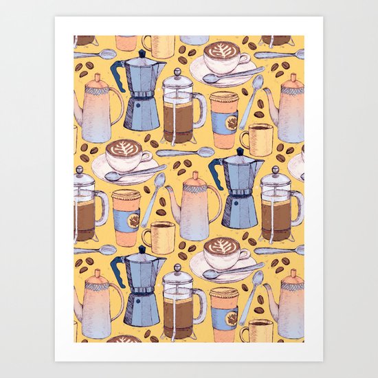 Coffee Love on Yellow Art Print