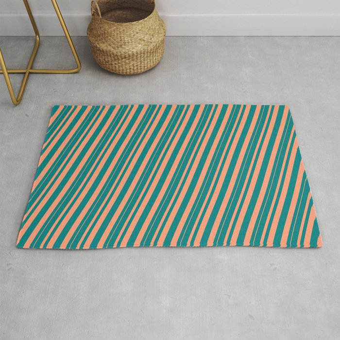 Teal and Light Salmon Colored Pattern of Stripes Rug