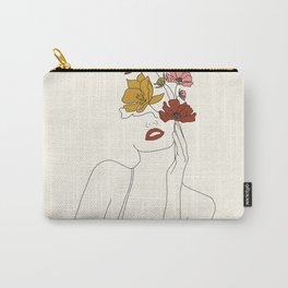 Colorful Thoughts Minimal Line Art Woman with Flowers Carry-All Pouch