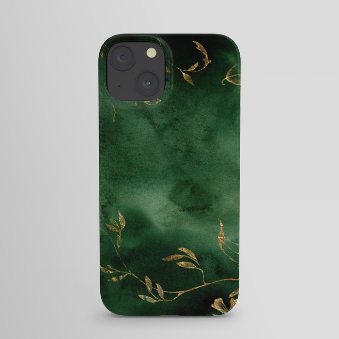 Winter Gold Flowers On Emerald Marble Texture iPhone Case