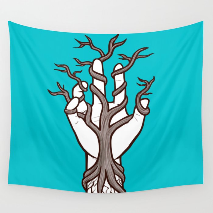 Bare tree growing within a hand – interlacing of nature and humanity Wall Tapestry