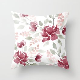 Burgundy Watercolor Floral Throw Pillow
