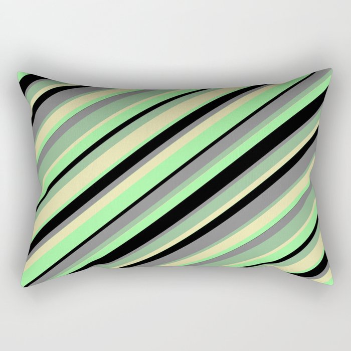 Eye-catching Dark Sea Green, Pale Goldenrod, Green, Black, and Gray Colored Stripes Pattern Rectangular Pillow