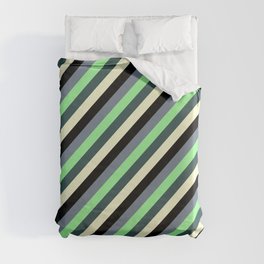 [ Thumbnail: Colorful Slate Gray, Green, Dark Slate Gray, Light Yellow & Black Colored Striped/Lined Pattern Duvet Cover ]