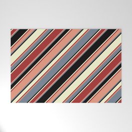 [ Thumbnail: Vibrant Dark Salmon, Slate Gray, Black, Light Yellow, and Brown Colored Lines/Stripes Pattern Welcome Mat ]