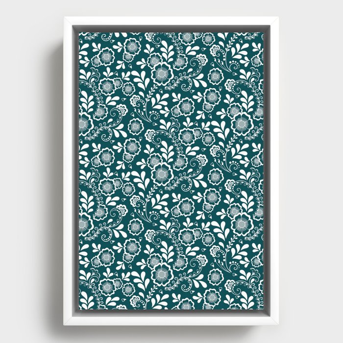 Teal Blue And White Eastern Floral Pattern Framed Canvas