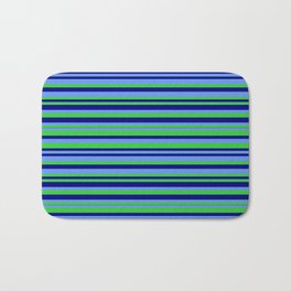 [ Thumbnail: Cornflower Blue, Lime Green, and Blue Colored Striped/Lined Pattern Bath Mat ]