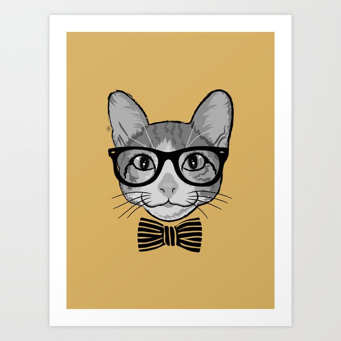 Cat Hipster with Stripes Bow Tie Art Print