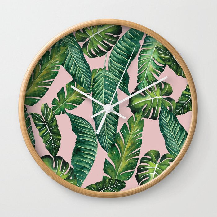Jungle Leaves, Banana, Monstera II Pink #society6 Wall Clock