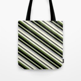 [ Thumbnail: Dark Grey, Beige, Dark Olive Green, and Black Colored Striped/Lined Pattern Tote Bag ]
