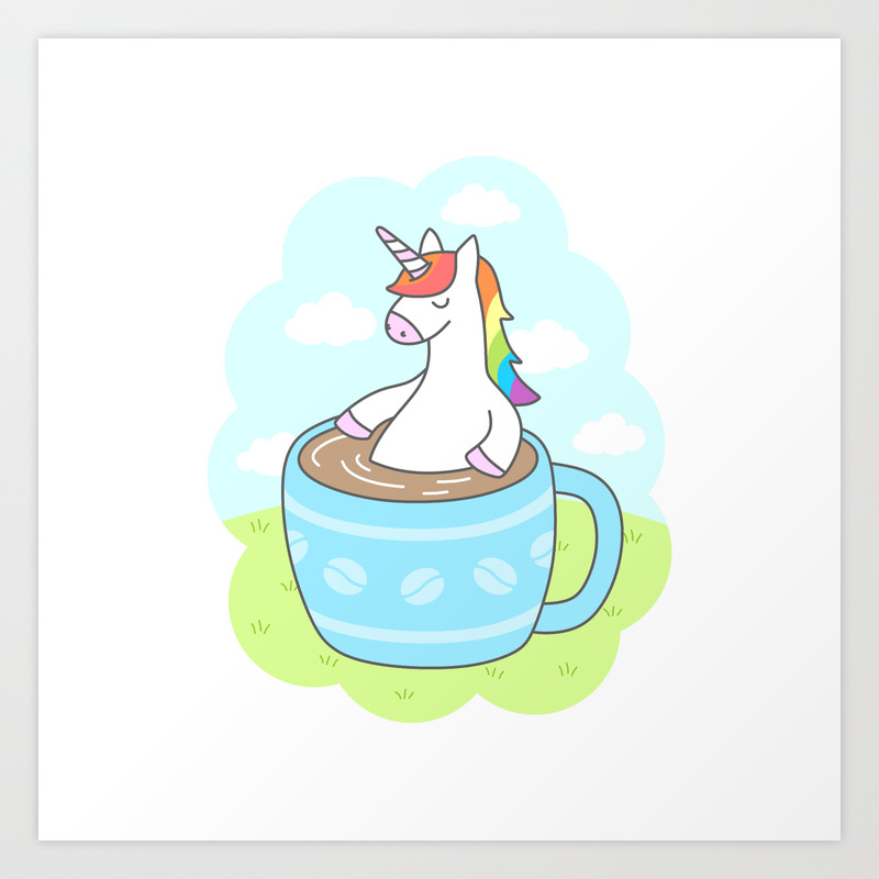 unicorn att the cafe coffee shop art print 4x6