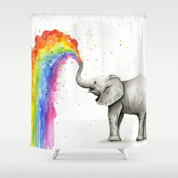Baby Elephant Spraying Rainbow Shower Curtain by olechka ...