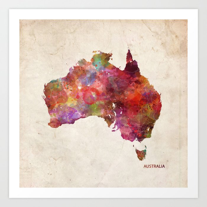 Australia Map Art Print By Mapmapmapswatercolors Society6
