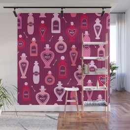 Retro Valentine's magic potion bottles burgundy pattern Wall Mural