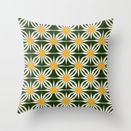 Hand-Drawn Floral Fabric with a Vibrant 70s Twist - Dark Green & Yellow Throw Pillow
