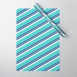 [ Thumbnail: Turquoise, Dark Slate Blue & White Colored Striped Pattern Wrapping Paper ]