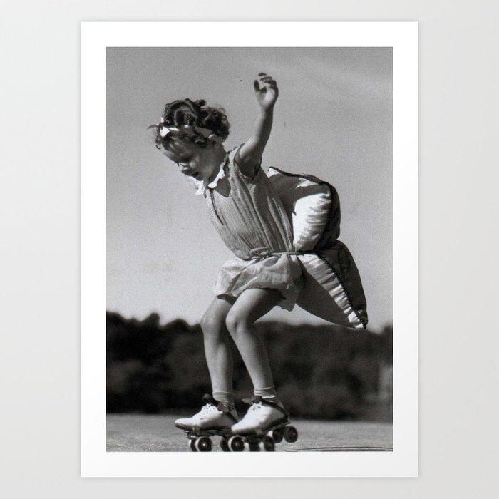 Girls Have to be Ready for Anything - Little girl on roller skates with pillow black and white photograph Art Print