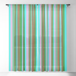 [ Thumbnail: Eye-catching Brown, Green, Cyan, Plum, and Sea Green Colored Stripes Pattern Sheer Curtain ]