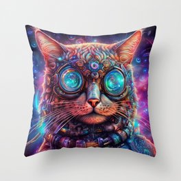 Trippy Cyber Cat. Colorful psychedelic cybercat. Throw Pillow