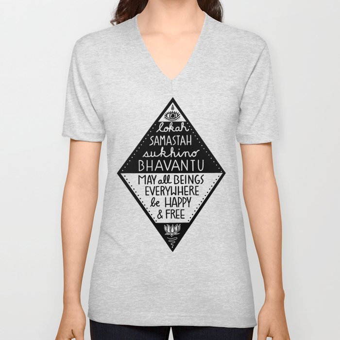 May all beings be happy and free V Neck T Shirt