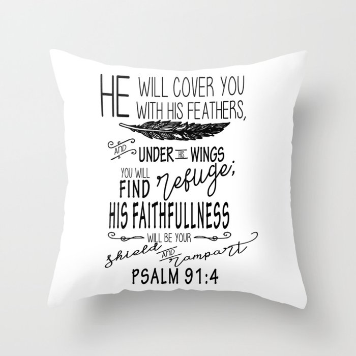 Psalm 91:4 Christian Bible Verse Typography Design Throw Pillow