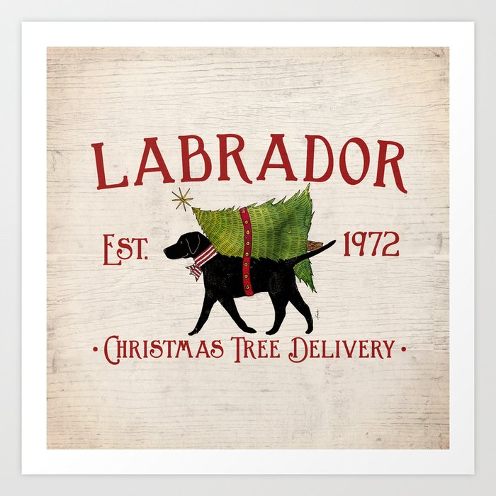 Lab Black Labrador dog tree farm delivery christmas art Art Print