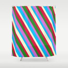 [ Thumbnail: Orchid, Deep Sky Blue, Light Yellow, Crimson, and Forest Green Colored Pattern of Stripes Shower Curtain ]