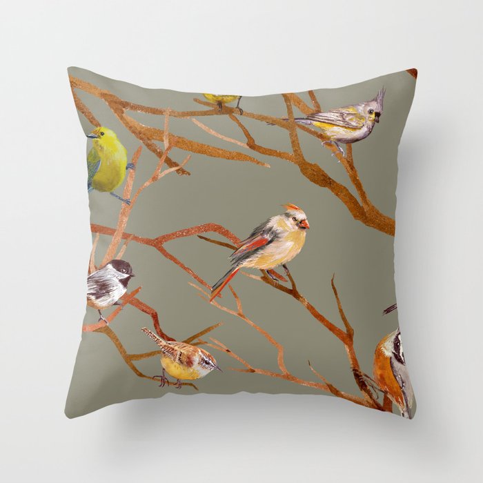 Birds on a Limb Medium Sage Green Throw Pillow