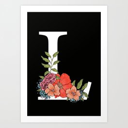 Monogram Letter L with Flowers Black background Art Print
