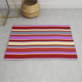 [ Thumbnail: Eyecatching Slate Gray, Orchid, Pale Goldenrod, Red, and Dark Red Colored Lines/Stripes Pattern Rug ]