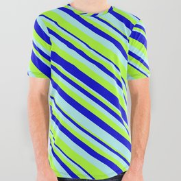 [ Thumbnail: Turquoise, Light Green, and Blue Colored Stripes Pattern All Over Graphic Tee ]