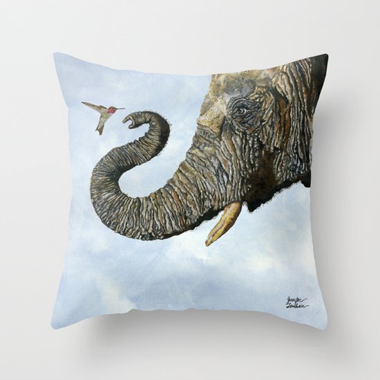Elephant Cyril And Hummingbird Ayre Throw Pillow