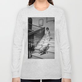 Little Girl with Pet Alligator on a leash black and white photograph / black and white photography Long Sleeve T Shirt