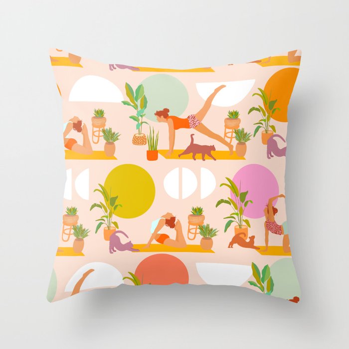 Summer with Yoga, Cats and Plants Throw Pillow