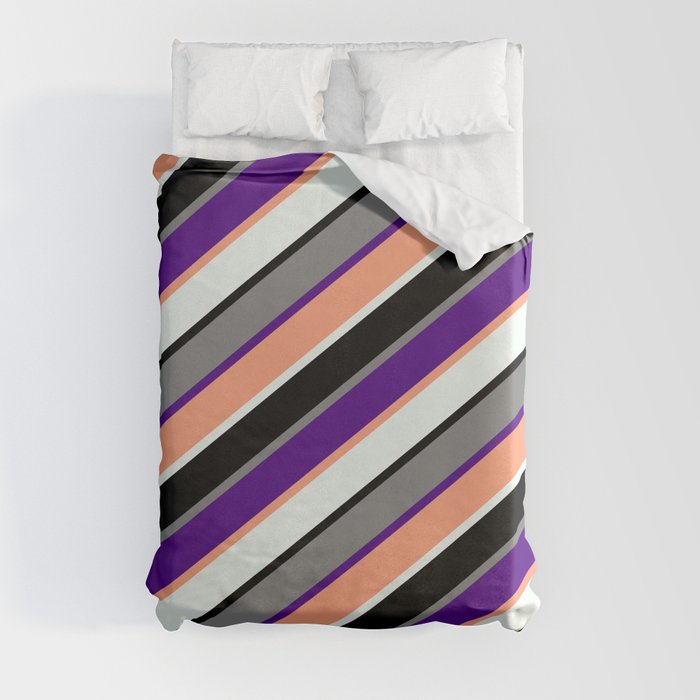 Eye-catching Grey, Indigo, Light Salmon, Mint Cream, and Black Colored Stripes/Lines Pattern Duvet Cover