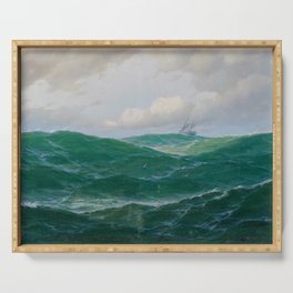 Vintage Ocean Oil Painting with Ship and Waves Serving Tray