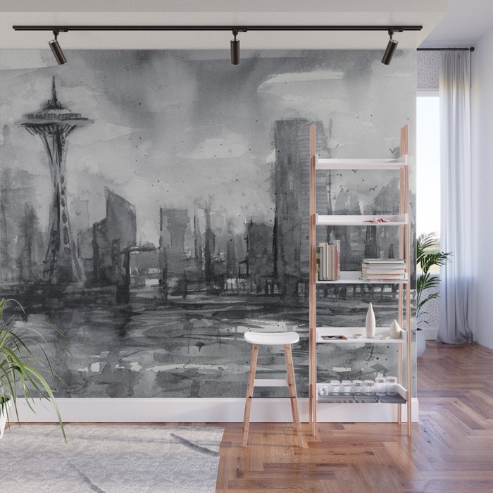 Seattle Skyline Painting Watercolor Black And White Space Needle Wall Mural By Olechka