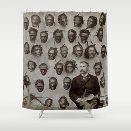 Macabre Collection of Shrunken Heads of Horatio Gordon Robley black and white photograph Shower Curtain