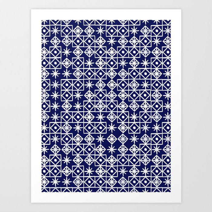Geometric Lace – White on Navy Art Print
