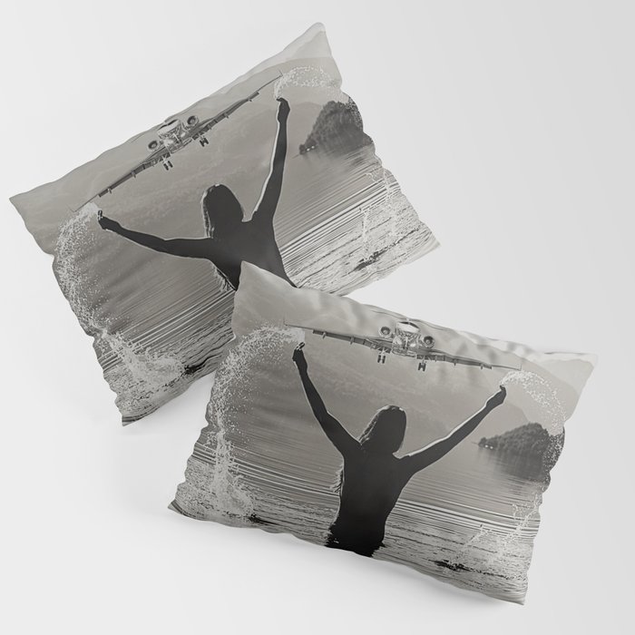 On the wings of love; airplane landing over lake guide by female swimming alpine mountain black and white photograph - photographs - photography Pillow Sham