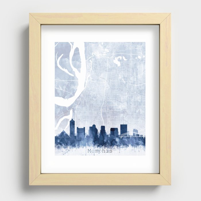 Memphis Skyline & Map Watercolor Navy Blue Print by Zouzounio Art Recessed Framed Print