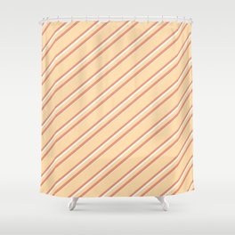 [ Thumbnail: Tan, Dark Salmon & Mint Cream Colored Lines Pattern Shower Curtain ]