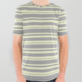 [ Thumbnail: Light Yellow & Dark Grey Colored Pattern of Stripes All Over Graphic Tee ]
