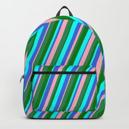 [ Thumbnail: Eye-catching Cyan, Royal Blue, Light Pink, Sea Green & Green Colored Striped Pattern Backpack ]