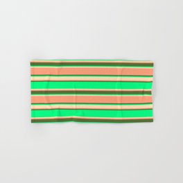 [ Thumbnail: Green, Beige, Light Salmon & Dark Olive Green Colored Stripes Pattern Hand & Bath Towel ]