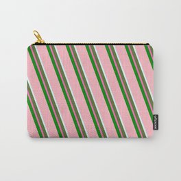 [ Thumbnail: Eyecatching Light Pink, Light Cyan, Dark Olive Green, Hot Pink & Green Colored Striped Pattern Carry-All Pouch ]