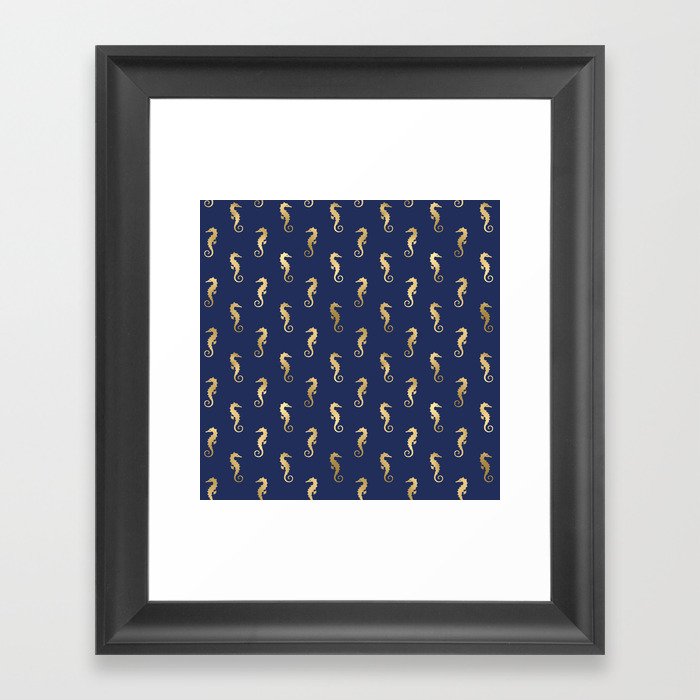 Blue & Gold Cute Seahorse Pattern Framed Art Print