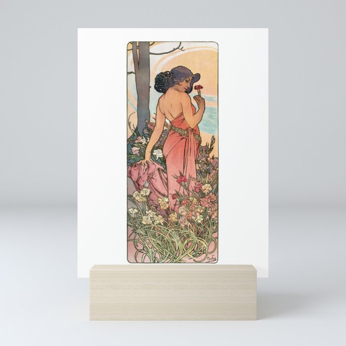 Alphonse Mucha Brunette Girl In The Forest With Pink Dress And Flowers Mini Art Print