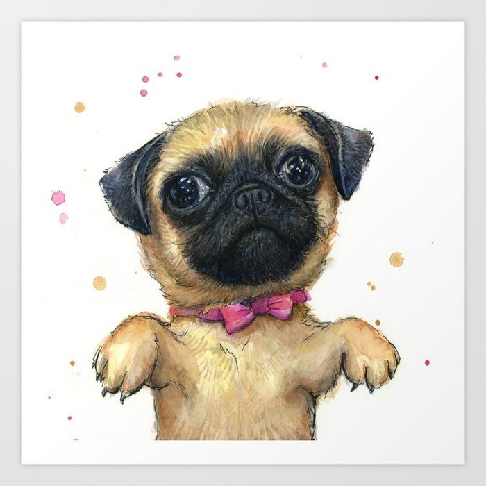Cute Pug Puppy Dog Watercolor Painting Art Print