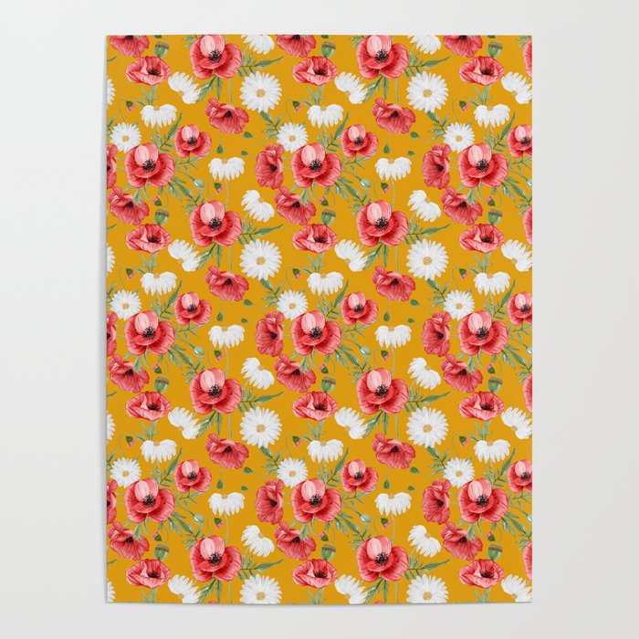 Daisy and Poppy Seamless Pattern on Mustard Background Poster